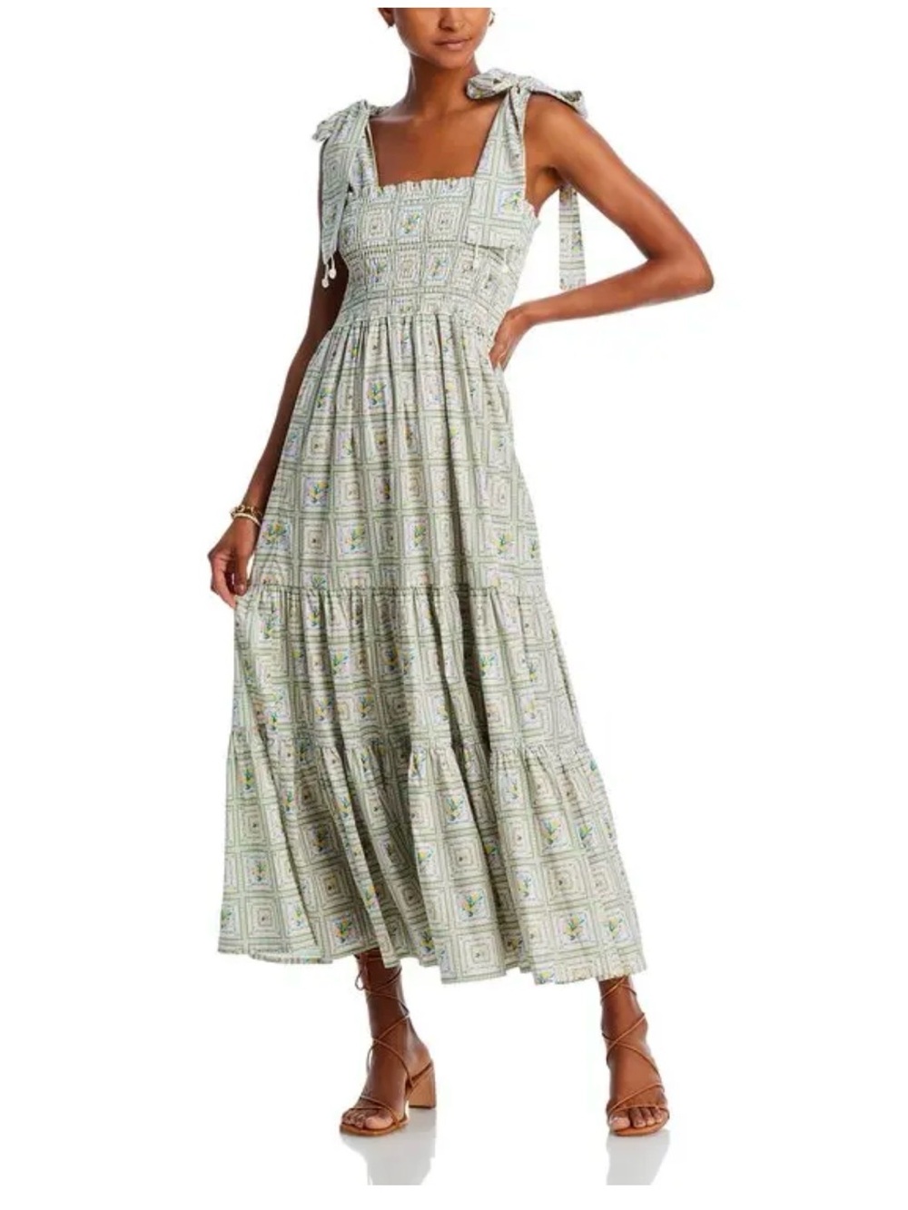 Capitana evita Maxi dress Smocked Tiered Maxi in Pastel Green & Pink